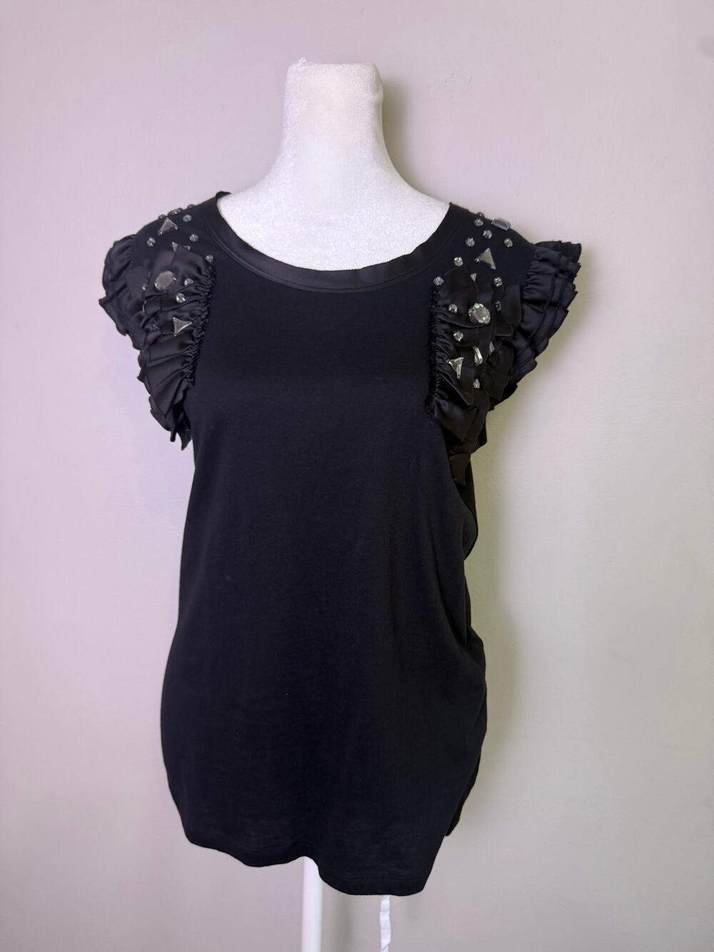 MNG by Mango Y2K Black Rhinestone Ruffle Top Jeweled Blouse Size M